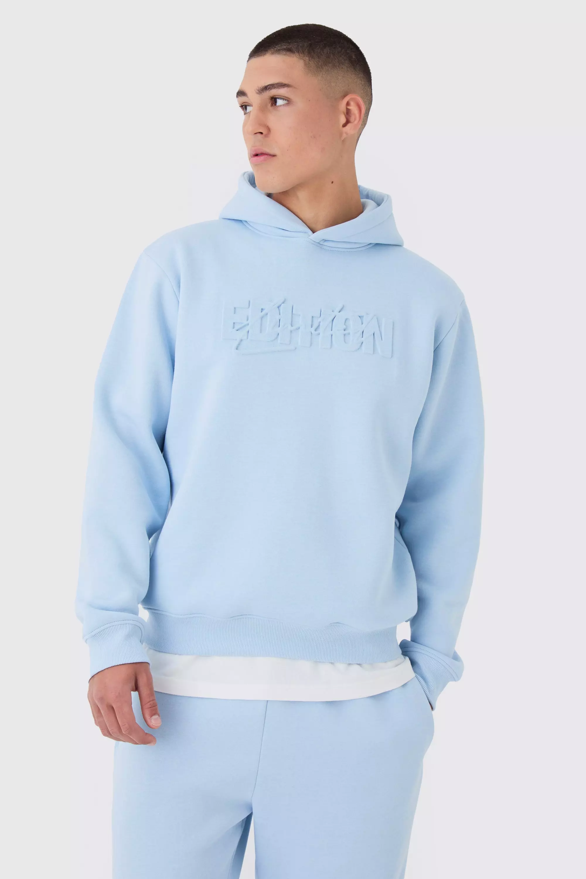 BoohooMAN Mens Regular Limited Edition Embossed Hoodie Blue